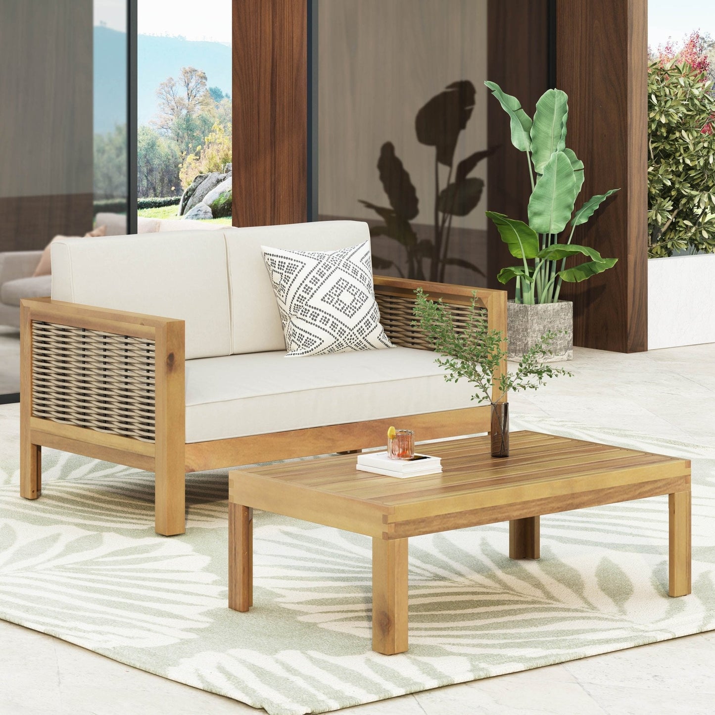 Outdoor Patio Acacia Wood Set with Coffee Table and Loveseat