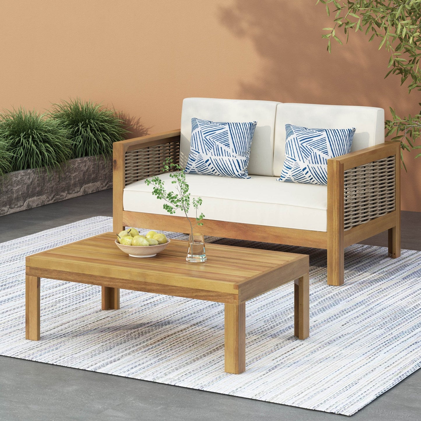 Outdoor Patio Acacia Wood Set with Coffee Table and Loveseat