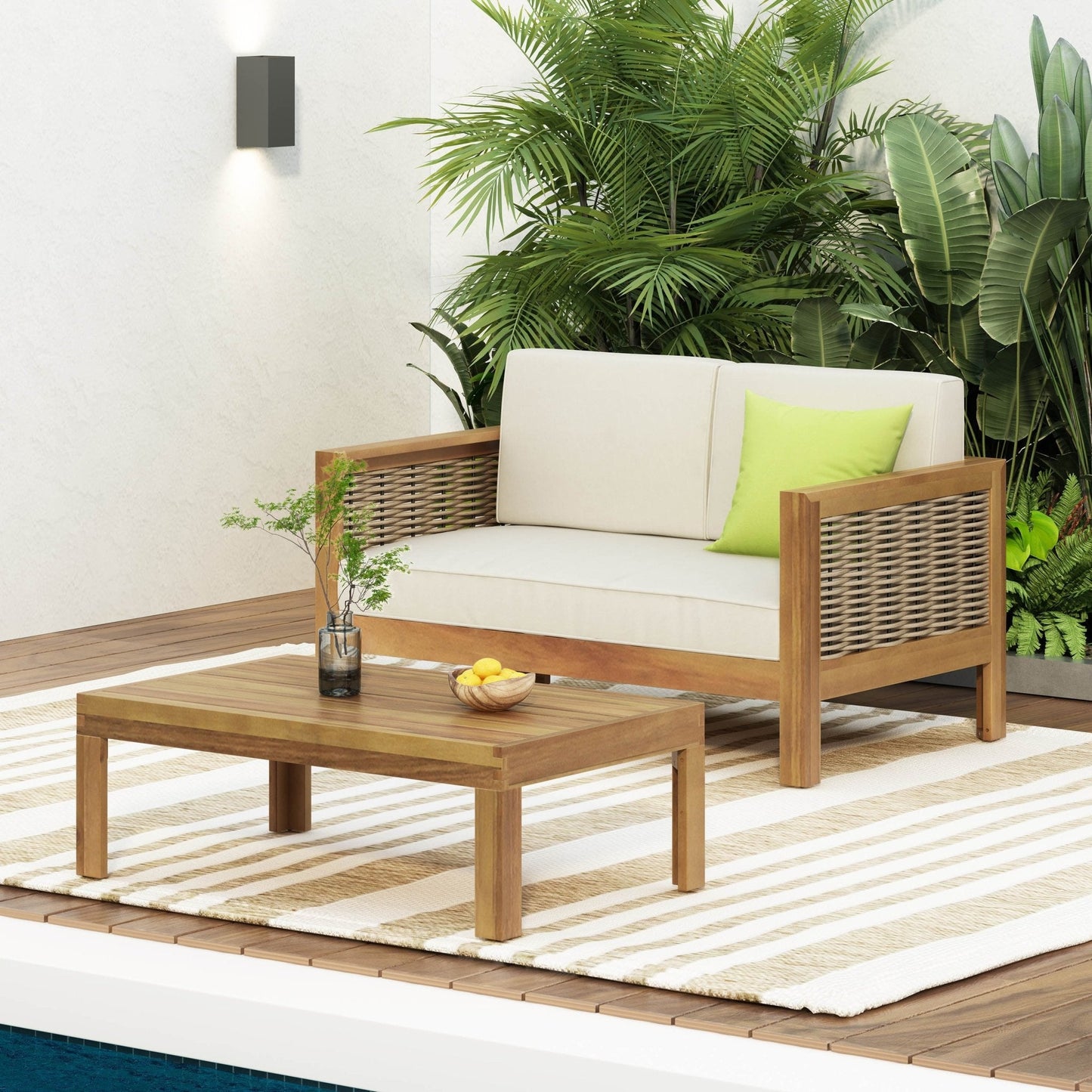 Outdoor Patio Acacia Wood Set with Coffee Table and Loveseat
