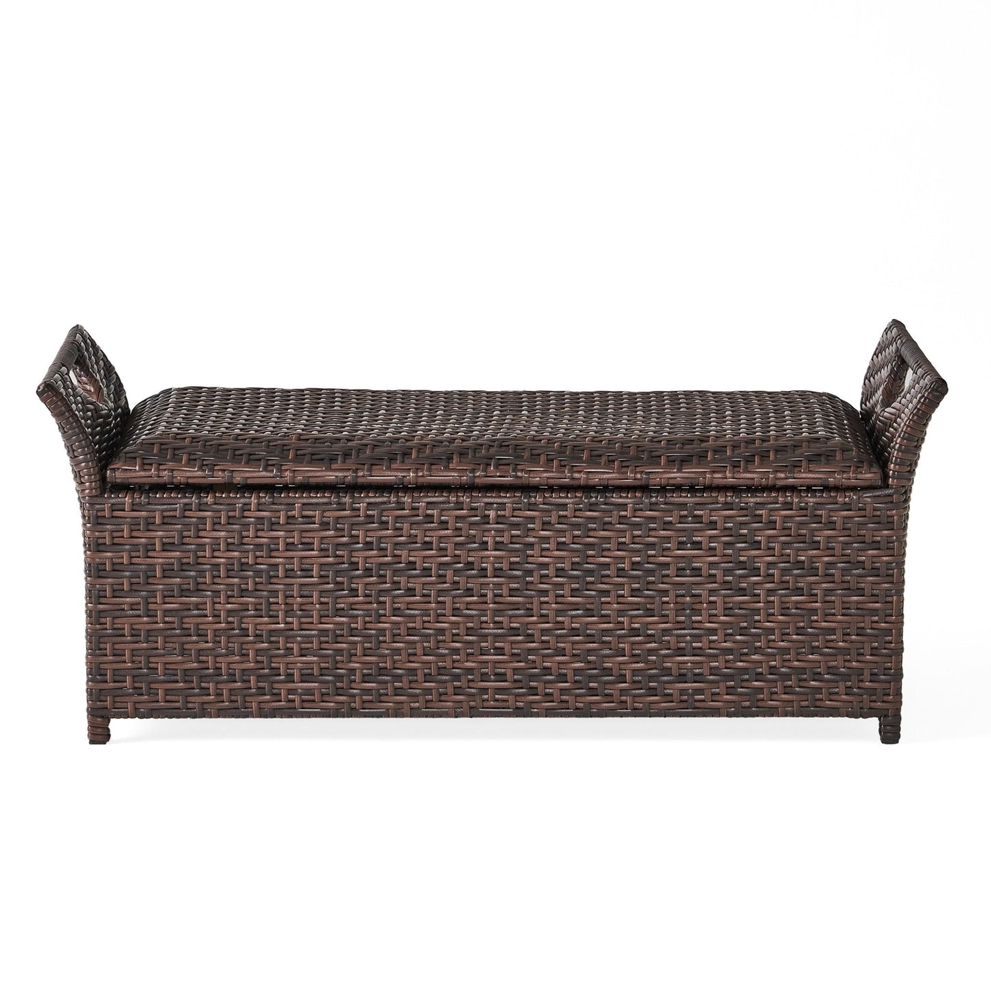 Outdoor PE Rattan Bench with Flair Arm and Storage