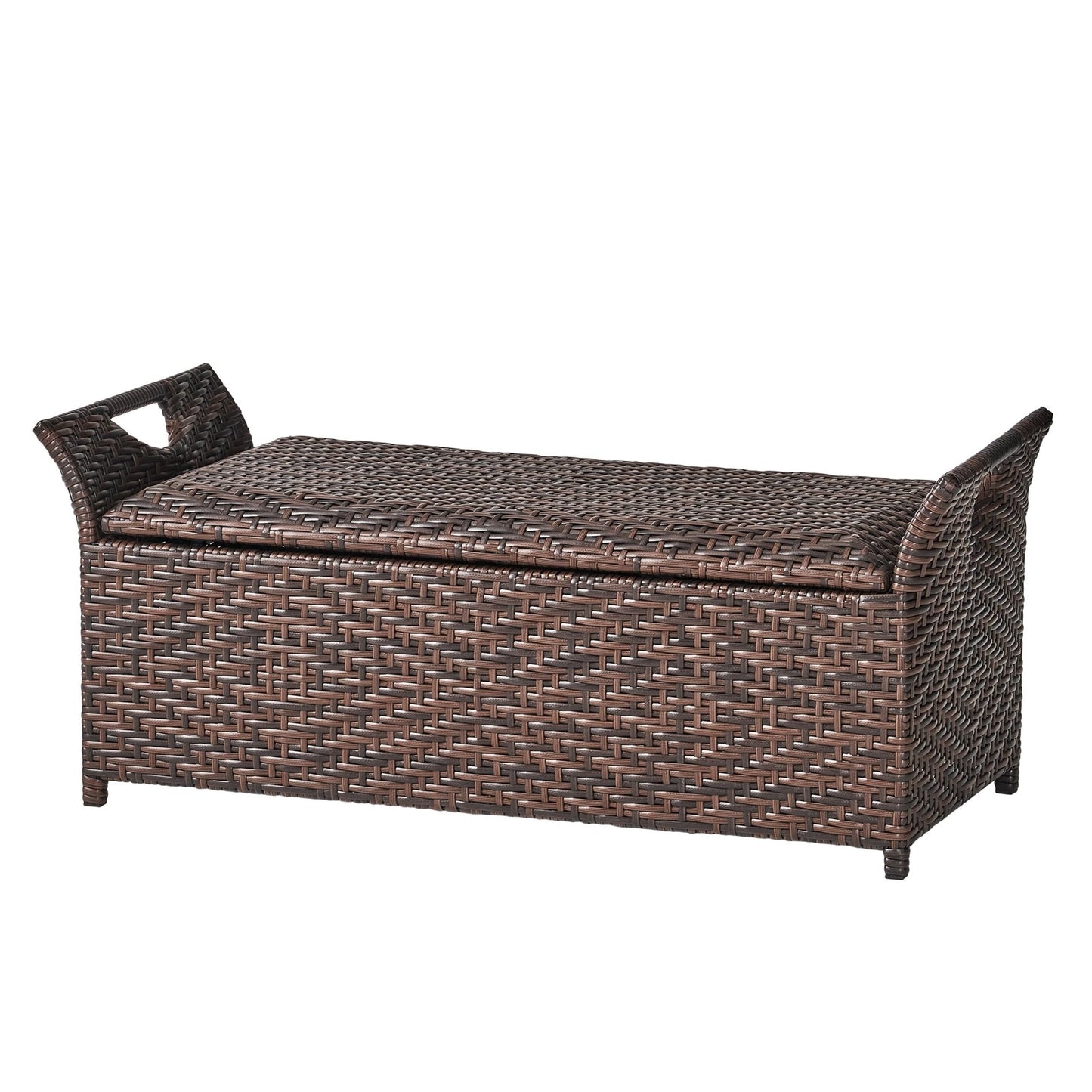 Outdoor PE Rattan Bench with Flair Arm and Storage