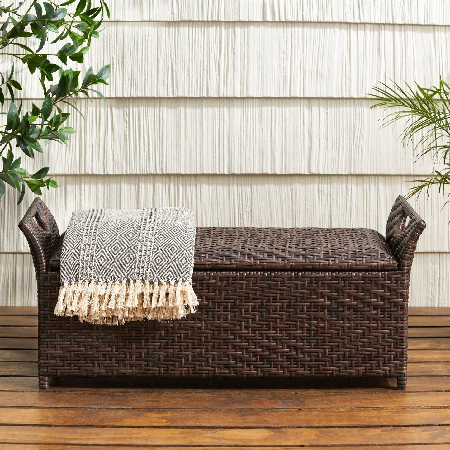Outdoor PE Rattan Bench with Flair Arm and Storage