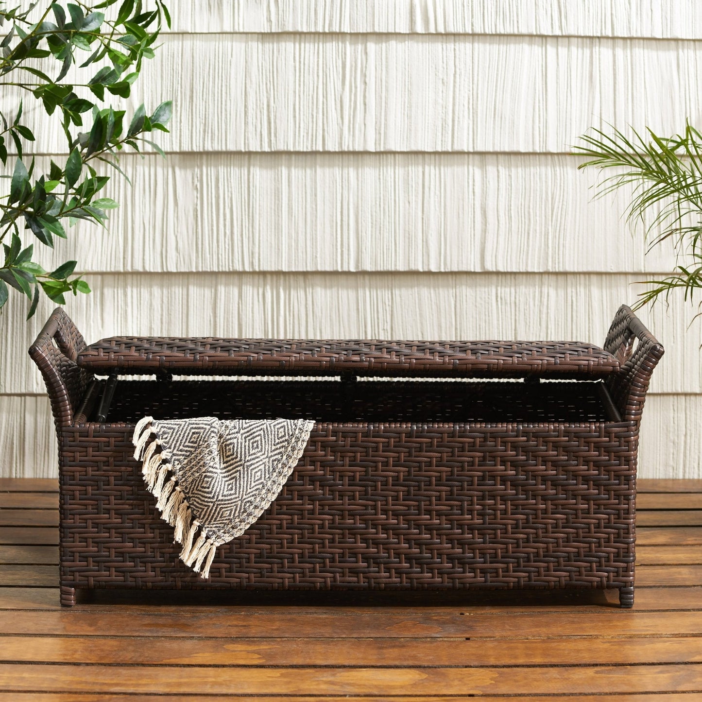 Outdoor PE Rattan Bench with Flair Arm and Storage