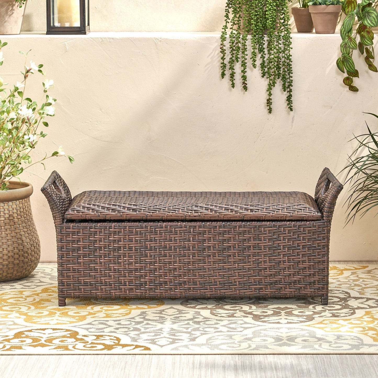 Outdoor PE Rattan Bench with Flair Arm and Storage