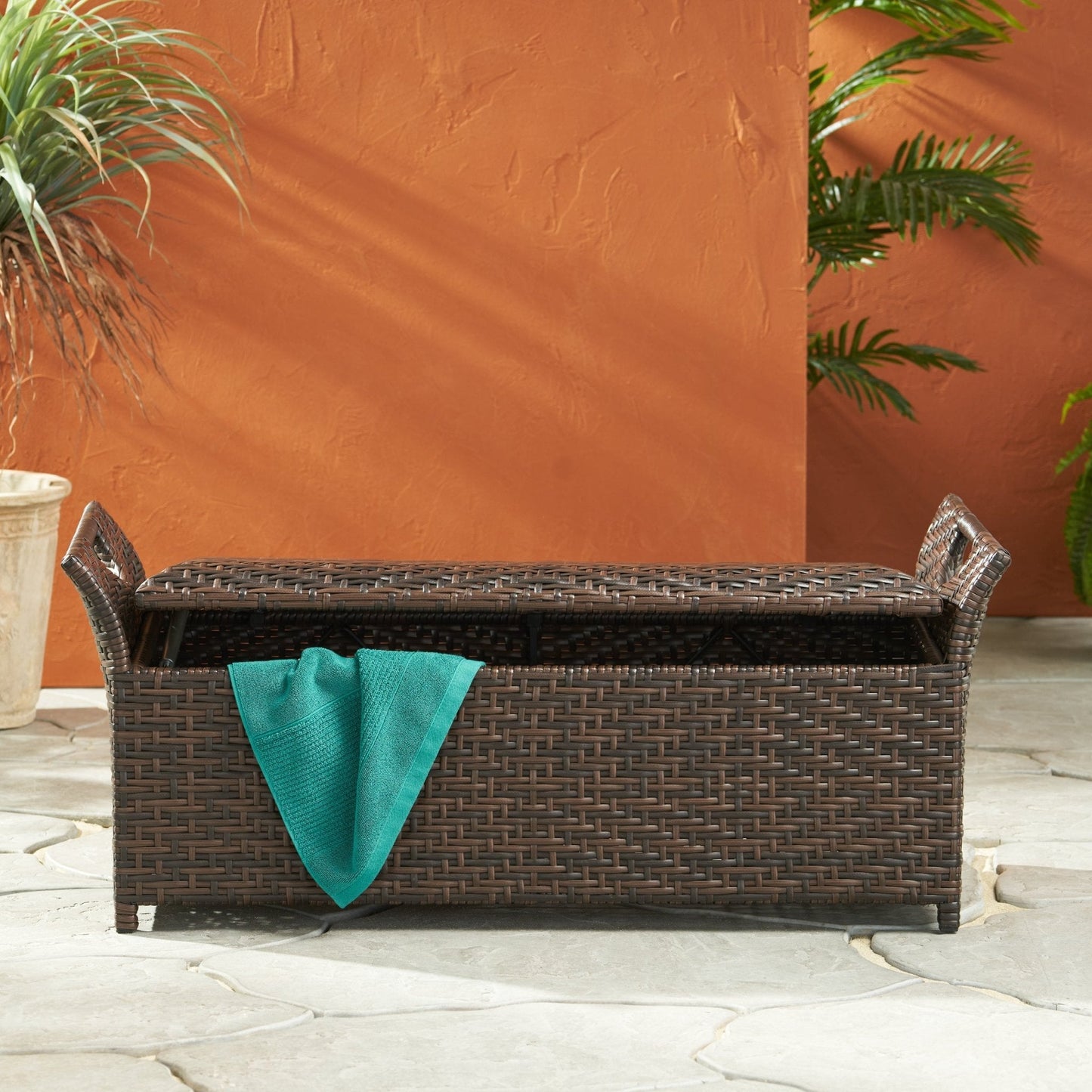 Outdoor PE Rattan Bench with Flair Arm and Storage