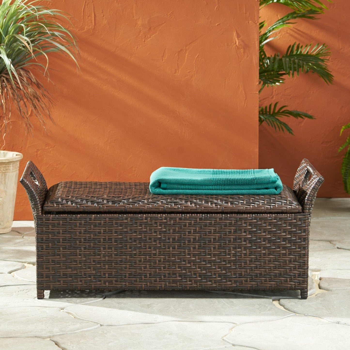 Outdoor PE Rattan Bench with Flair Arm and Storage