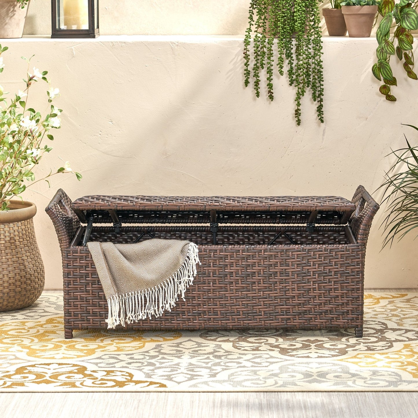 Outdoor PE Rattan Bench with Flair Arm and Storage