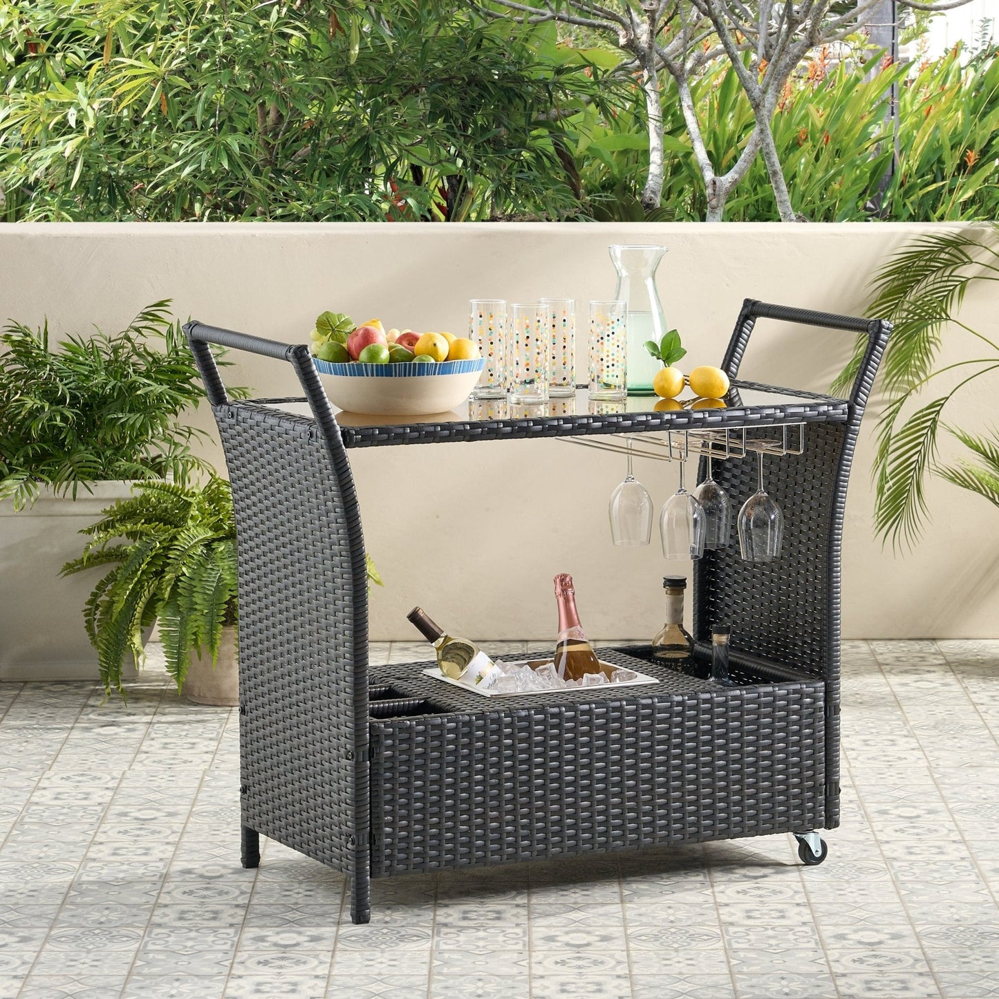 Outdoor Rattan Bar Cart with Ice Bucket Bin