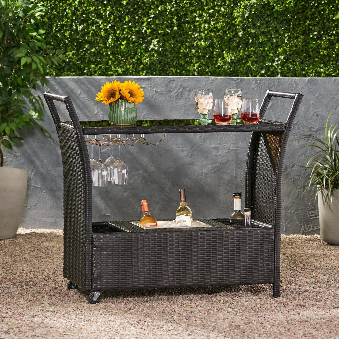 Outdoor Rattan Bar Cart with Ice Bucket Bin