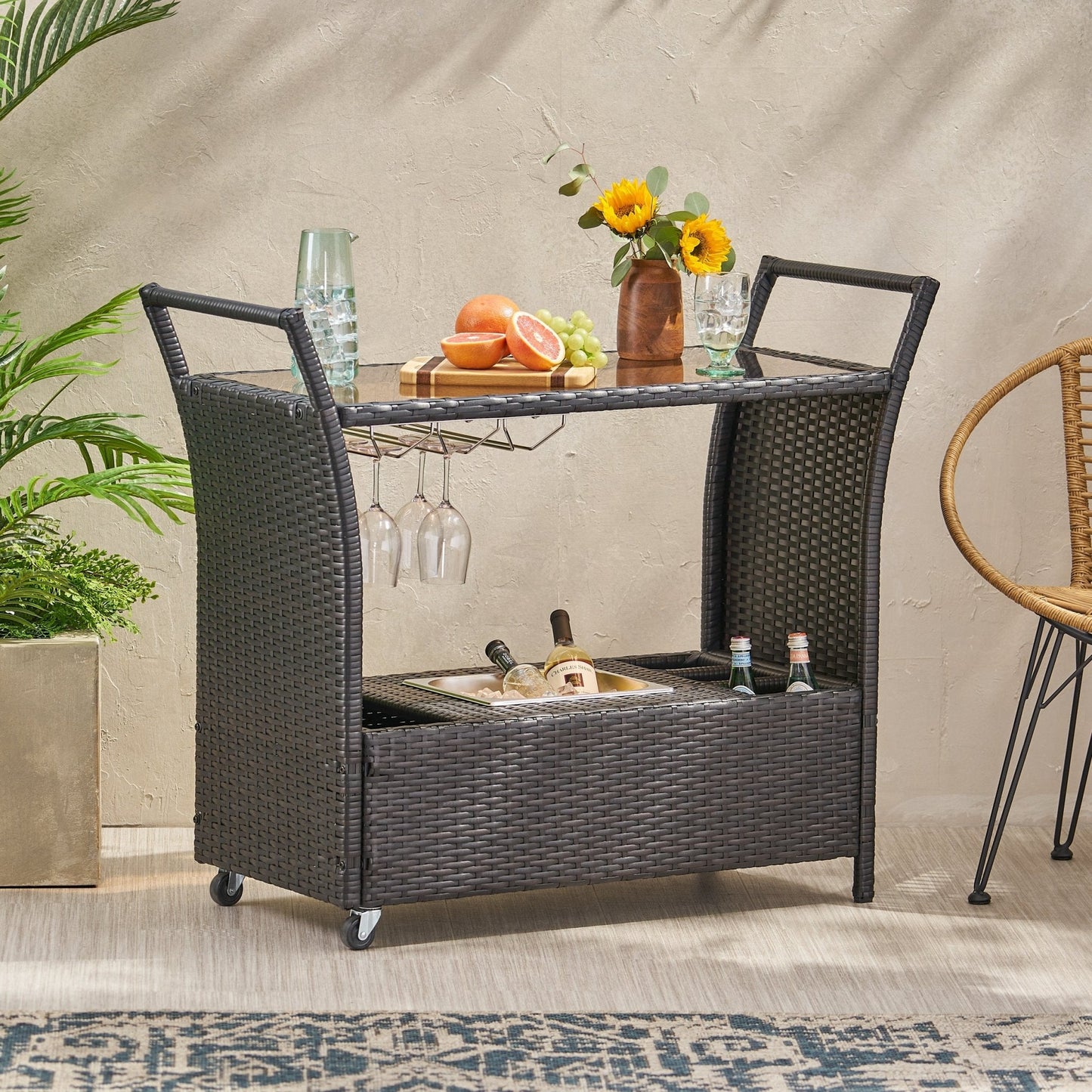 Outdoor Rattan Bar Cart with Ice Bucket Bin