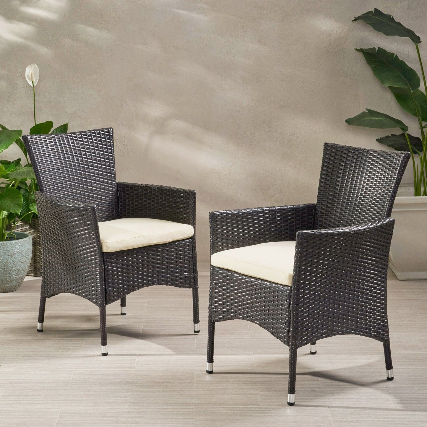 Outdoor Rattan Dining Chair with Cushion and Metal Frame