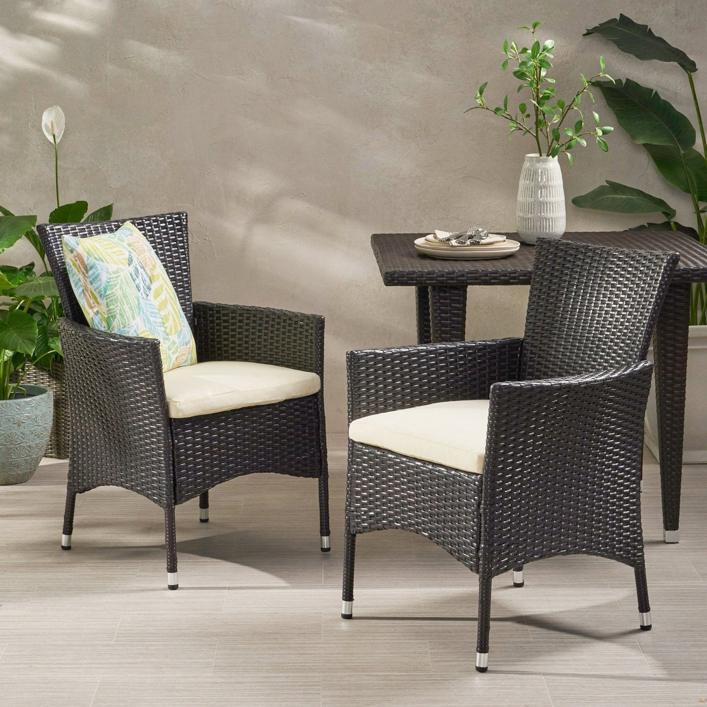 Outdoor Rattan Dining Chair with Cushion and Metal Frame