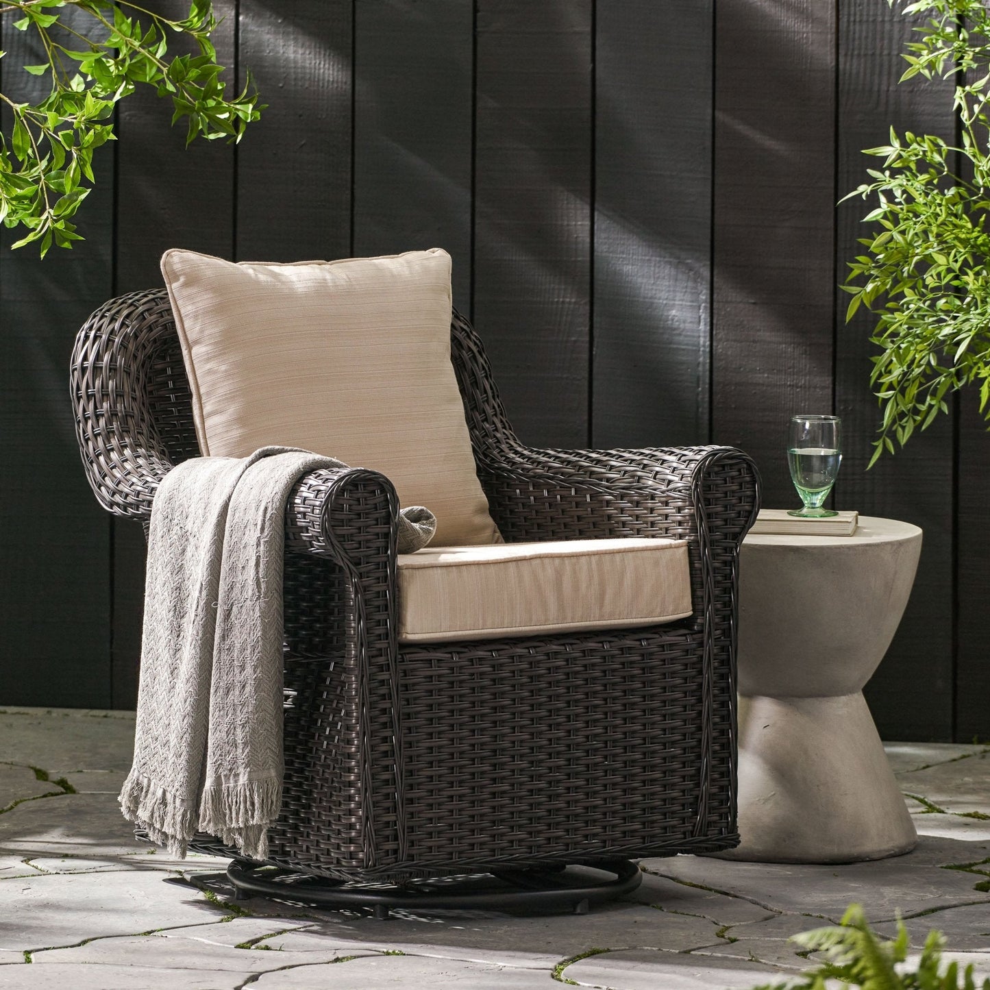 Outdoor Rattan Swivel Chair with Rolled Arm and Water-Resistant Cushions