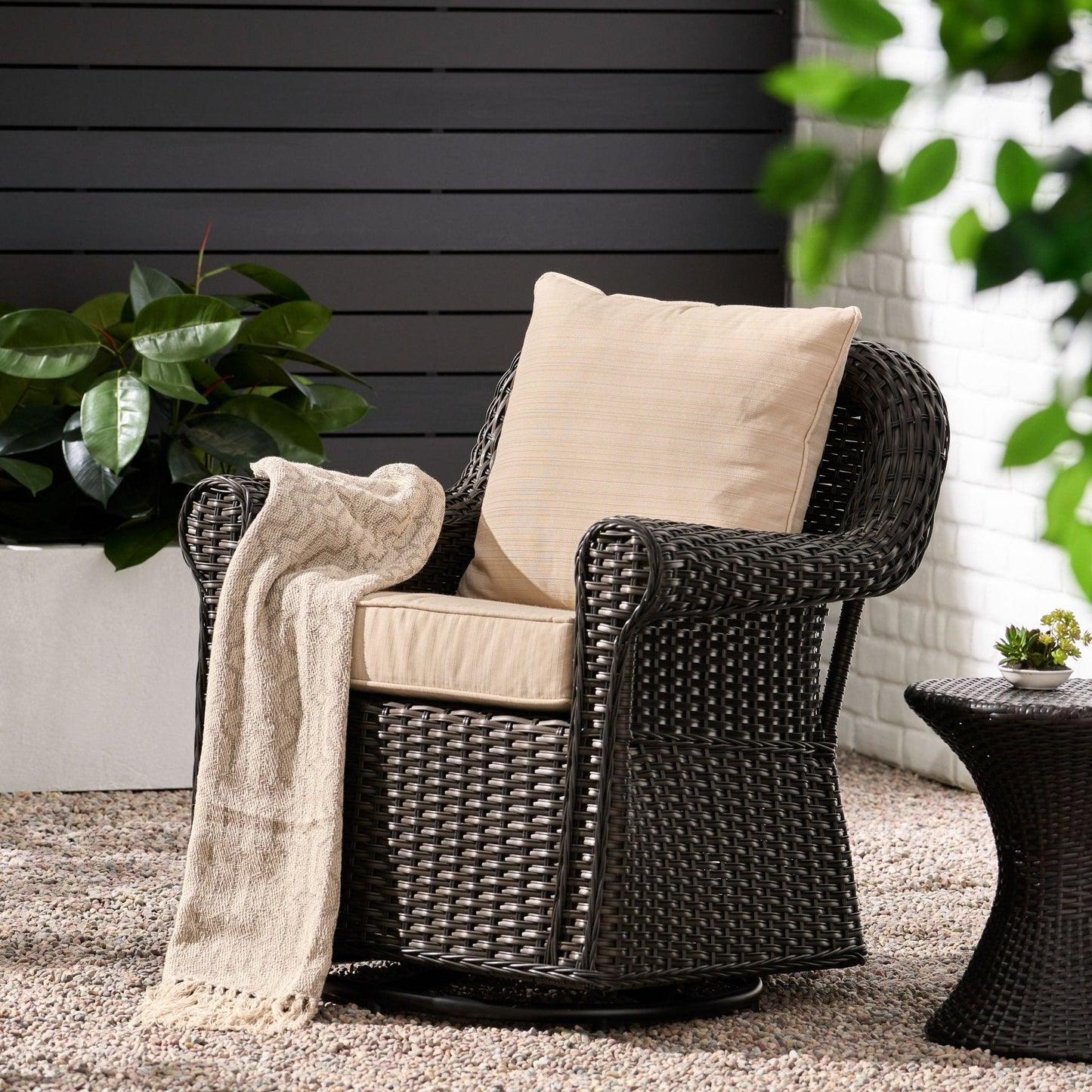 Outdoor Rattan Swivel Chair with Rolled Arm and Water-Resistant Cushions