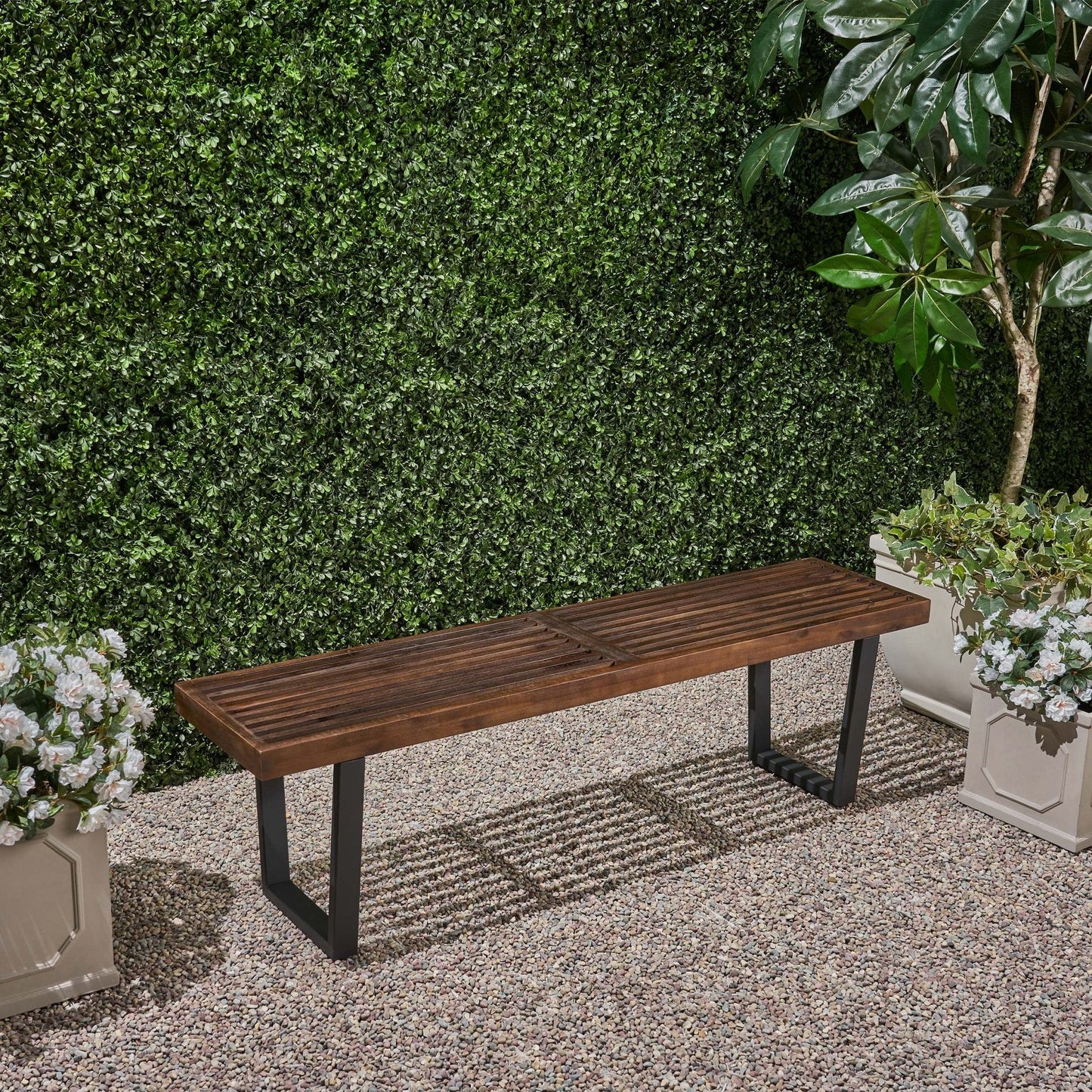 Outdoor Rustic Bench with Slat Top and Iron Legs