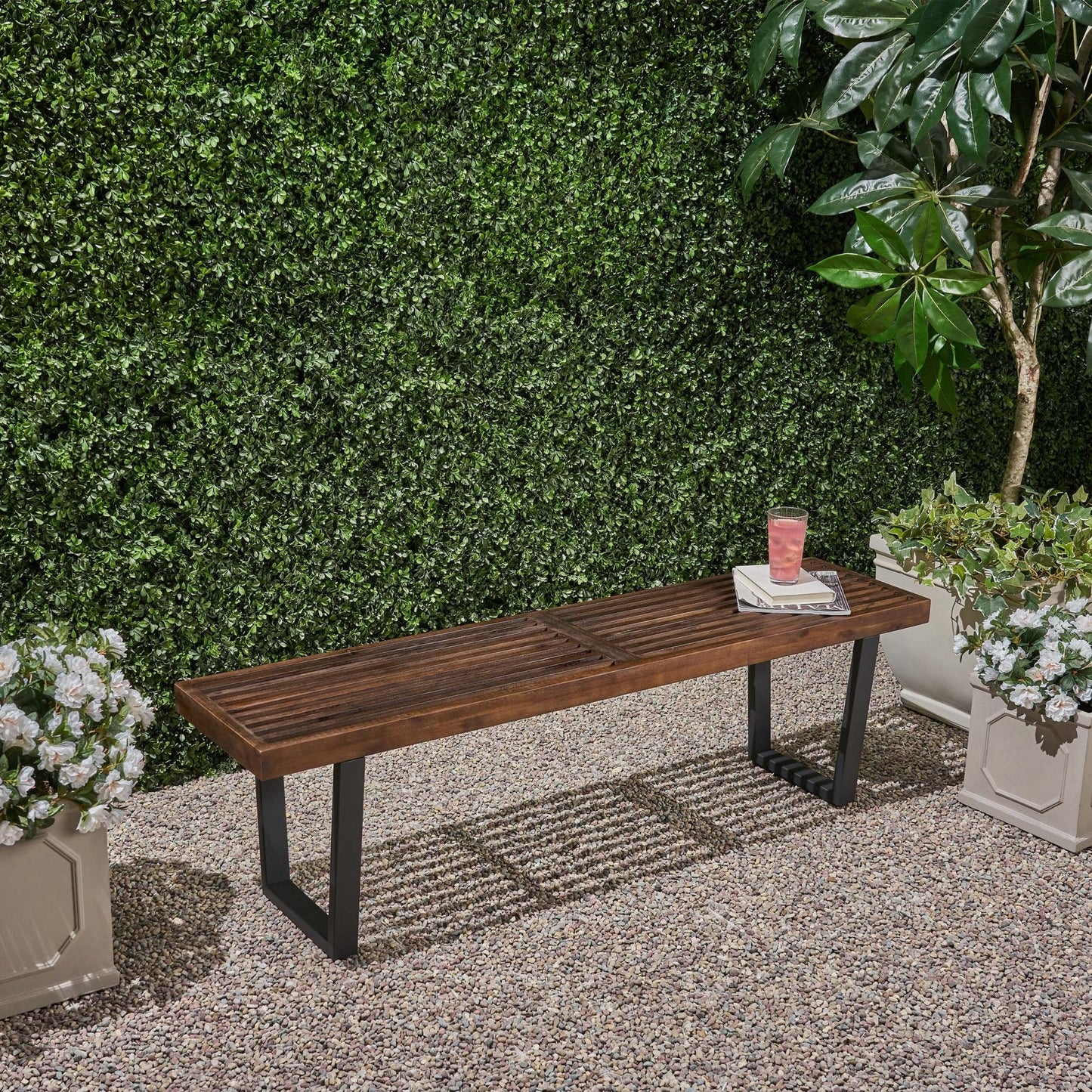Outdoor Rustic Bench with Slat Top and Iron Legs