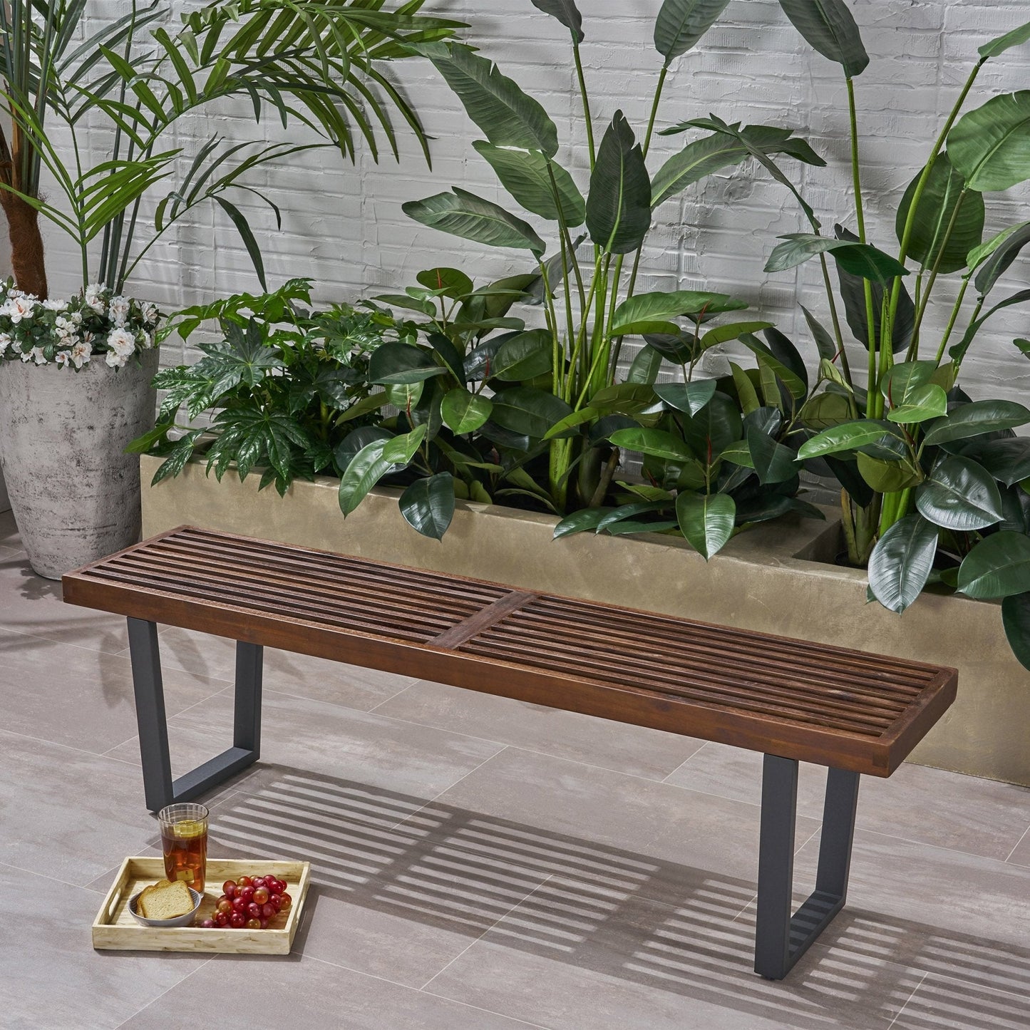 Outdoor Rustic Bench with Slat Top and Iron Legs