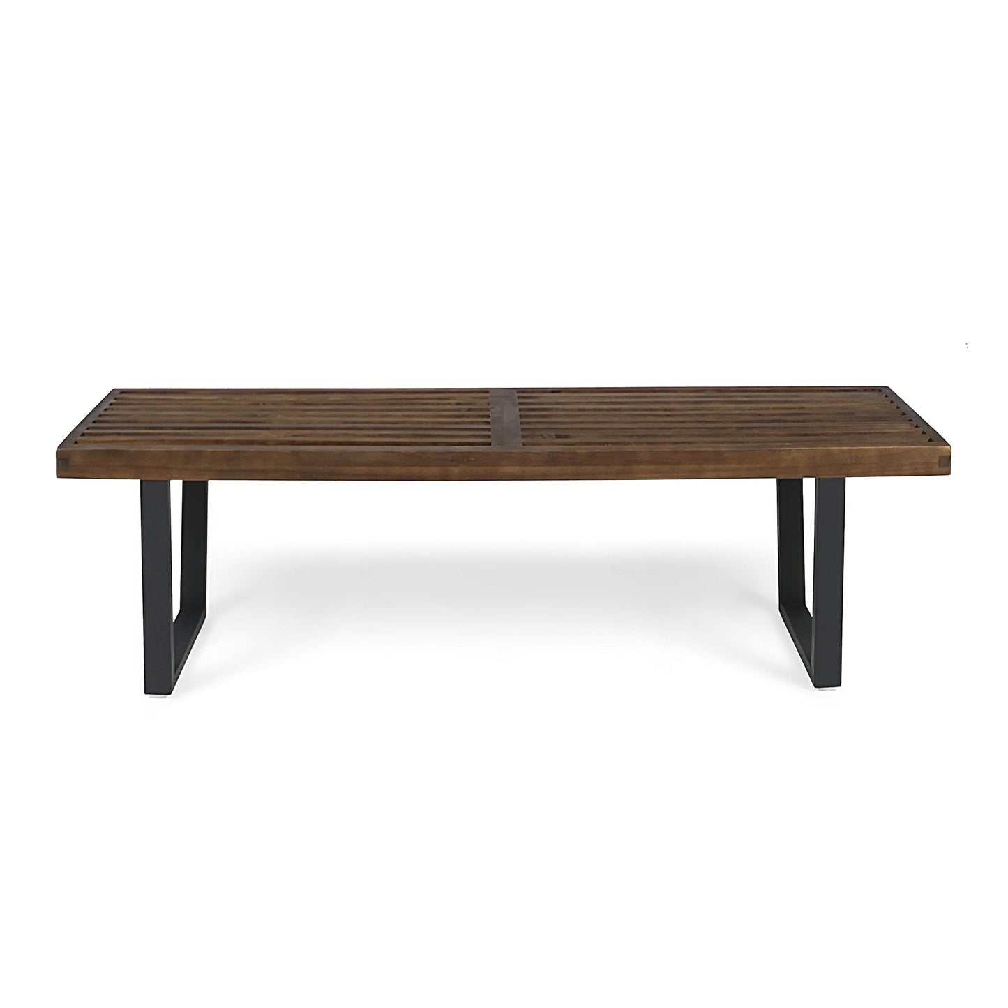 Outdoor Rustic Bench with Slat Top and Iron Legs