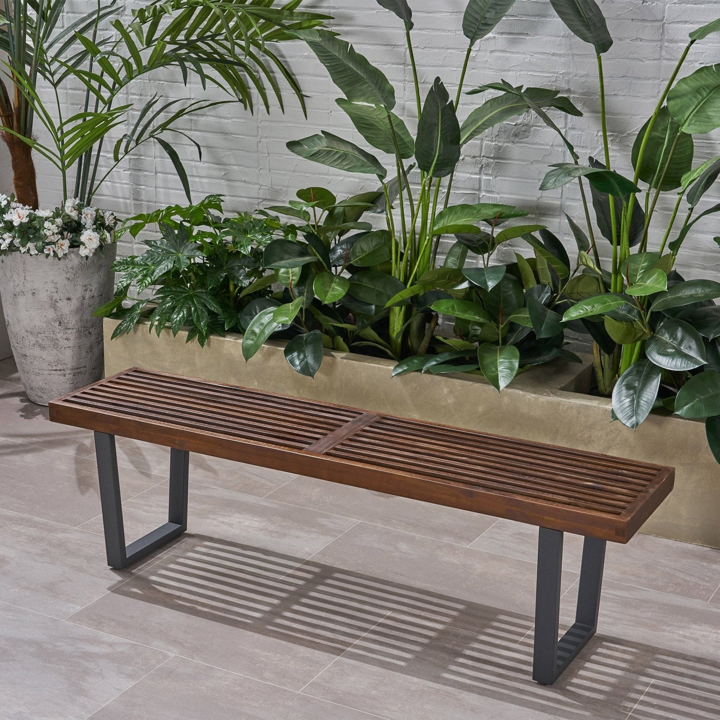 Outdoor Rustic Bench with Slat Top and Iron Legs