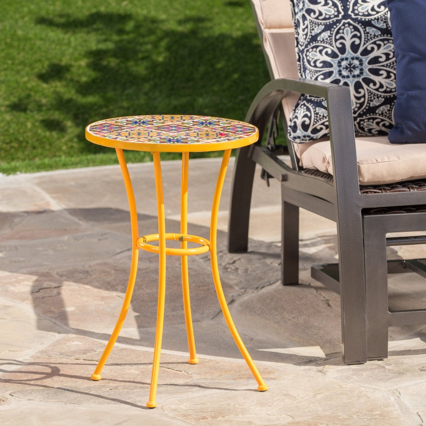 Outdoor Side Table with Tile Mosaic Table Top and Metal Legs