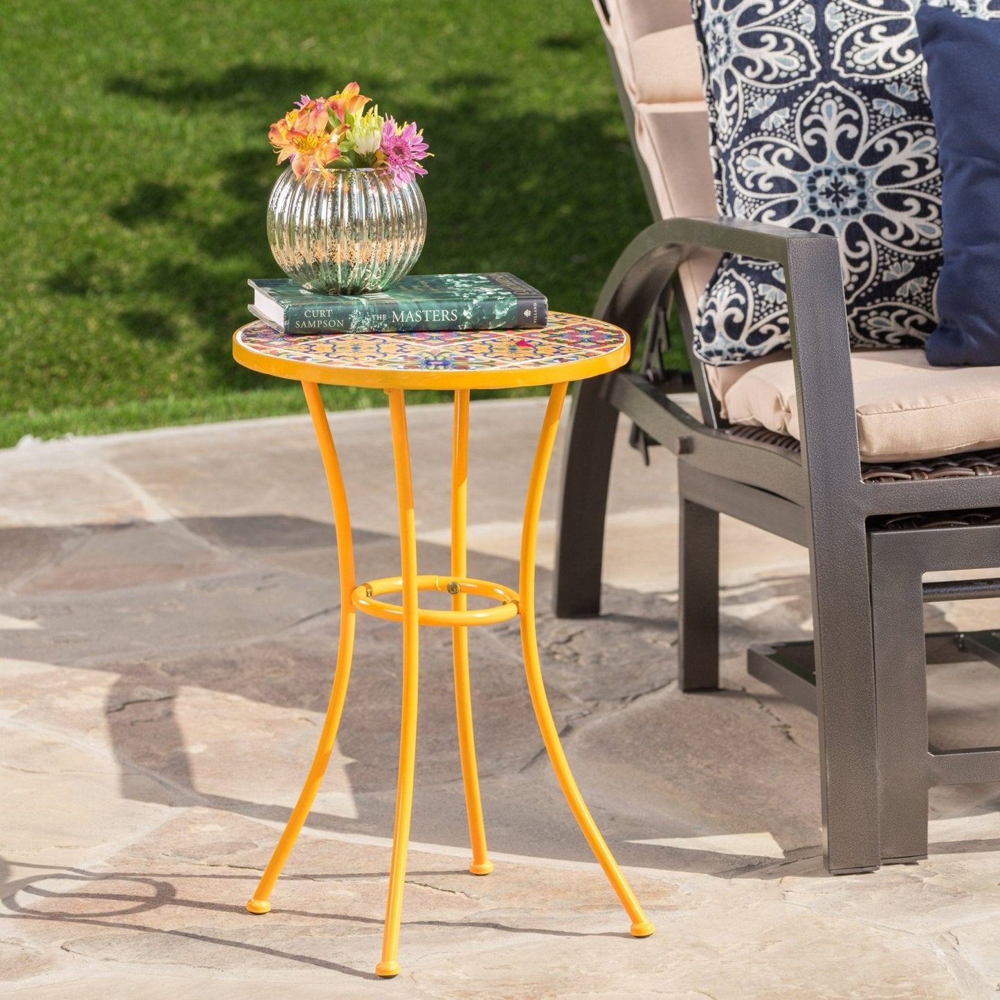 Outdoor Side Table with Tile Mosaic Table Top and Metal Legs