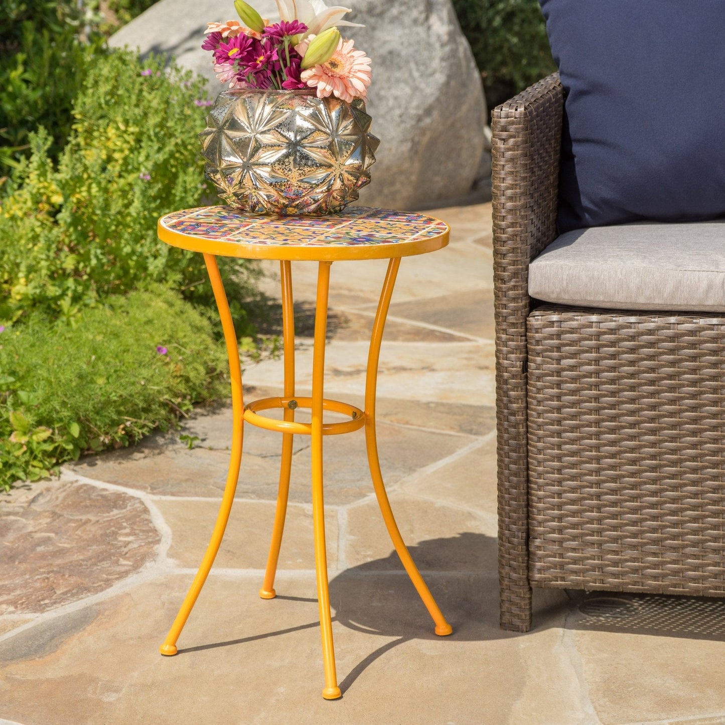 Outdoor Side Table with Tile Mosaic Table Top and Metal Legs