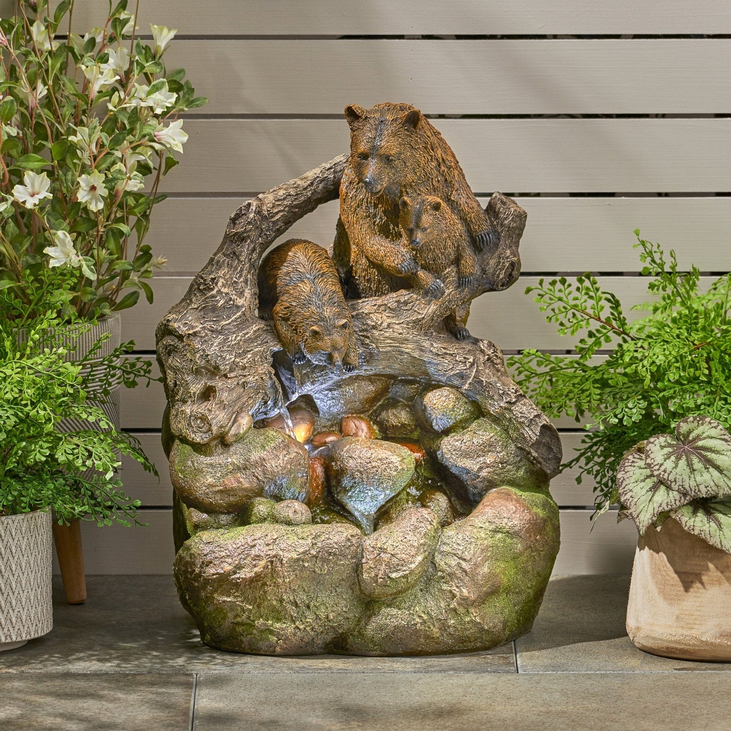 Outdoor Weather Resistant Floor Fountain with Light, Family of Bears and Two tiers Design