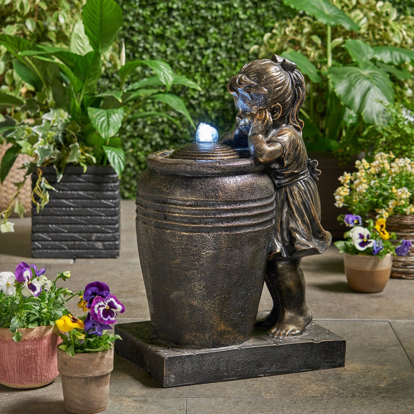 Outdoor Weather Resistant Floor Fountain with Light, Trickling Spout Design