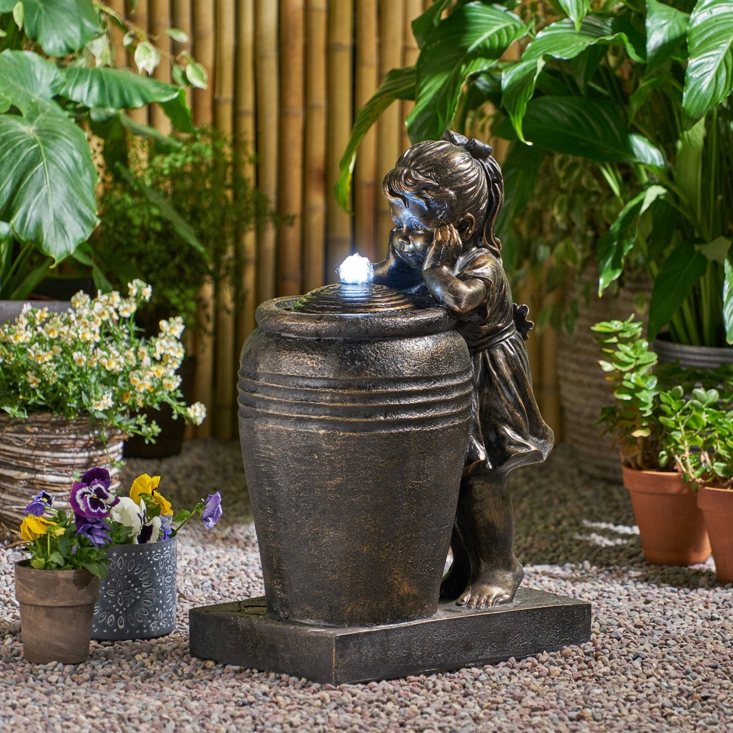 Outdoor Weather Resistant Floor Fountain with Light, Trickling Spout Design