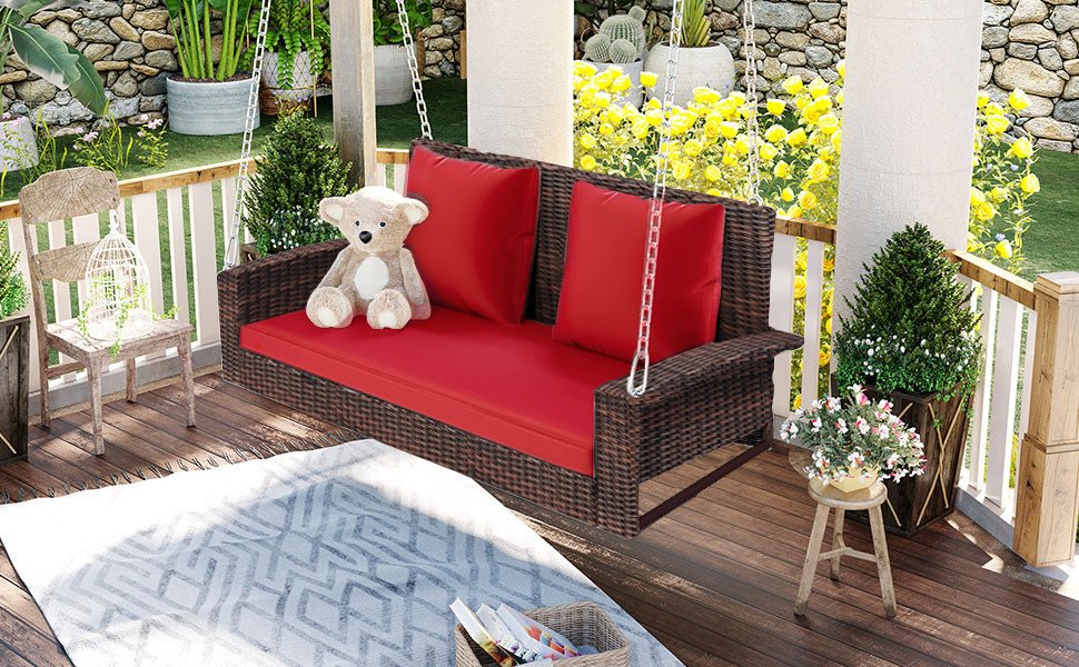 Outdoor Wicker Hanging Porch Swing with Chains, Cushion and Pillow