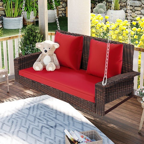 Outdoor Wicker Hanging Porch Swing with Chains, Cushion and Pillow