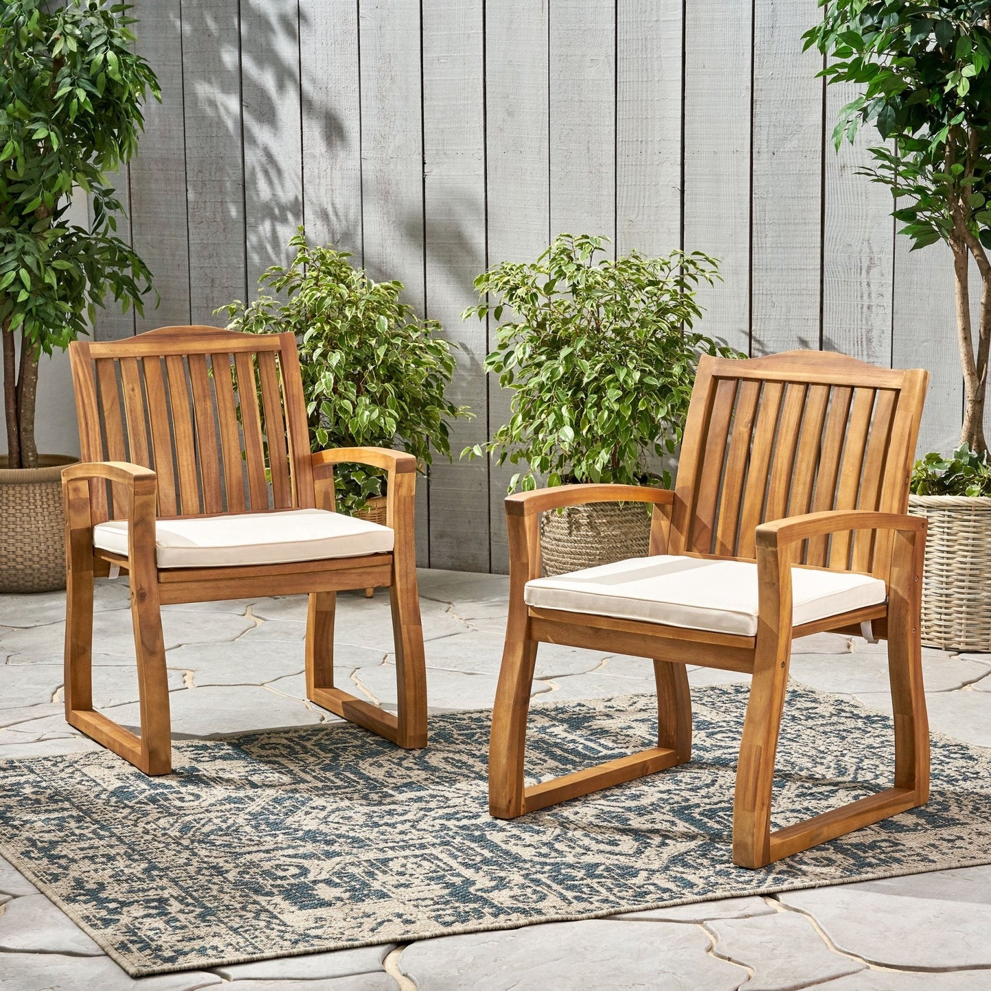 Outdoor Wooden Armchair with Slat Back and Water-Resistant Cushion