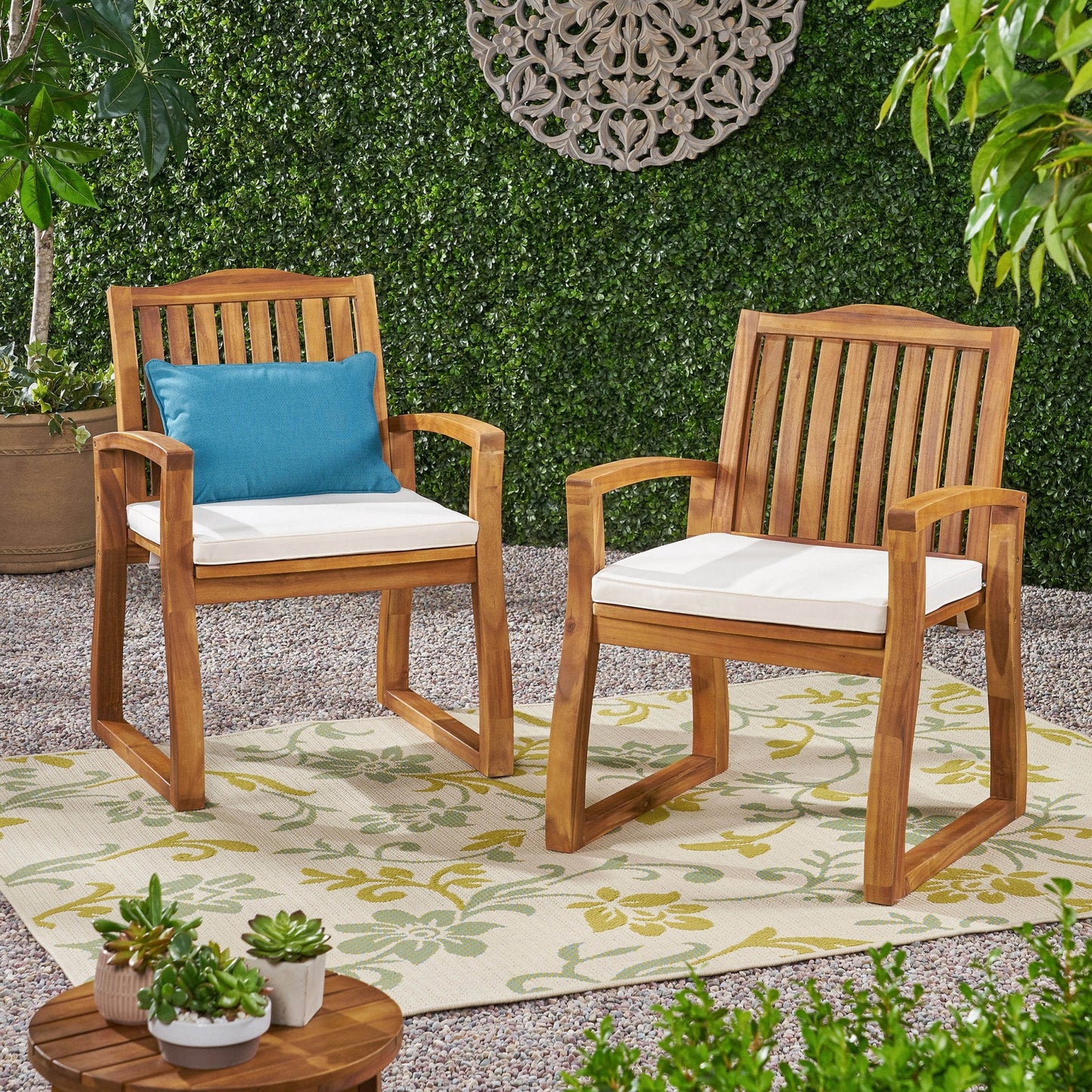Outdoor Wooden Armchair with Slat Back and Water-Resistant Cushion