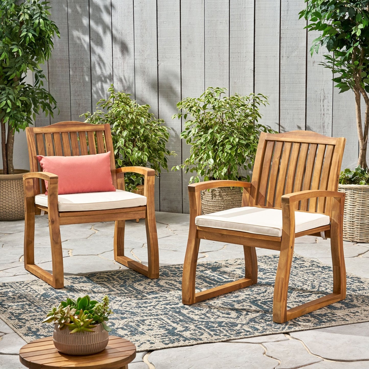 Outdoor Wooden Armchair with Slat Back and Water-Resistant Cushion