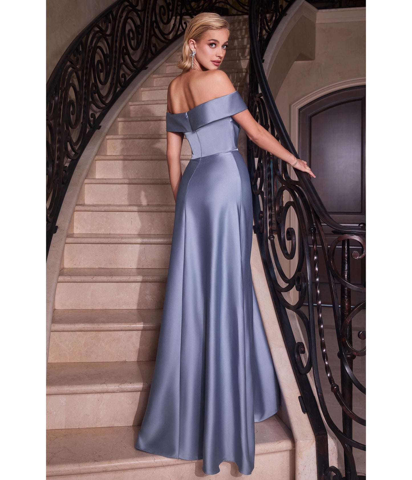 Cinderella Divine  Paris Blue Satin Off The Shoulder Prom Gown