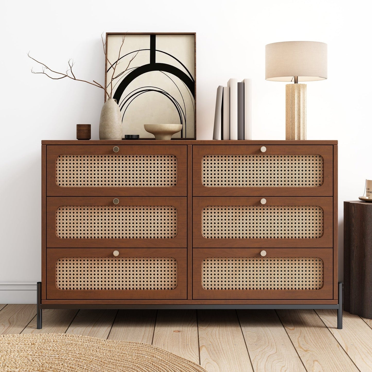 Patterson Cannage Rattan Wood 6 Drawer Storage Cabinet