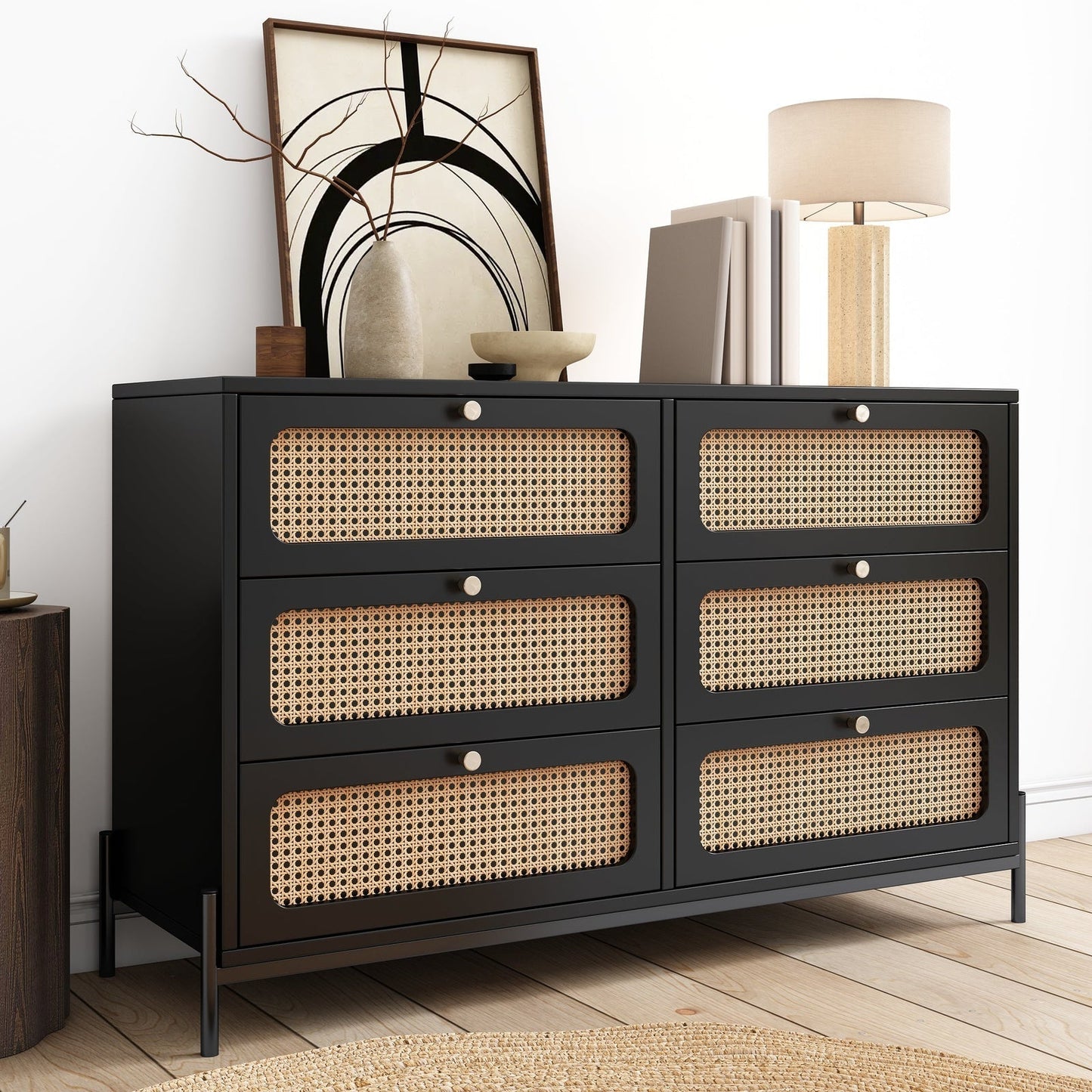 Patterson Cannage Rattan Wood 6 Drawer Storage Cabinet