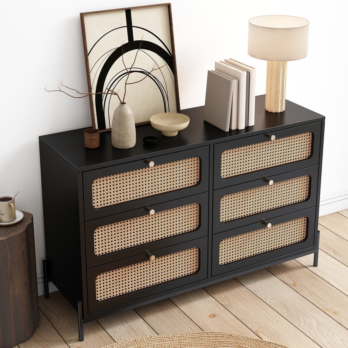 Patterson Cannage Rattan Wood 6 Drawer Storage Cabinet