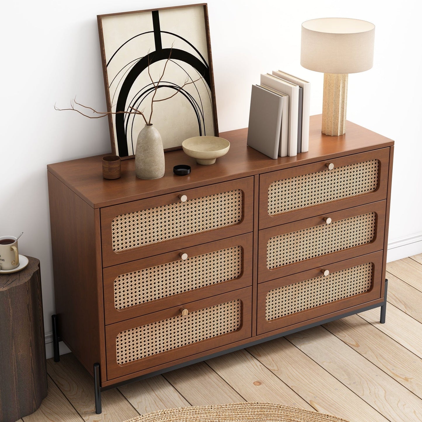 Patterson Cannage Rattan Wood 6 Drawer Storage Cabinet