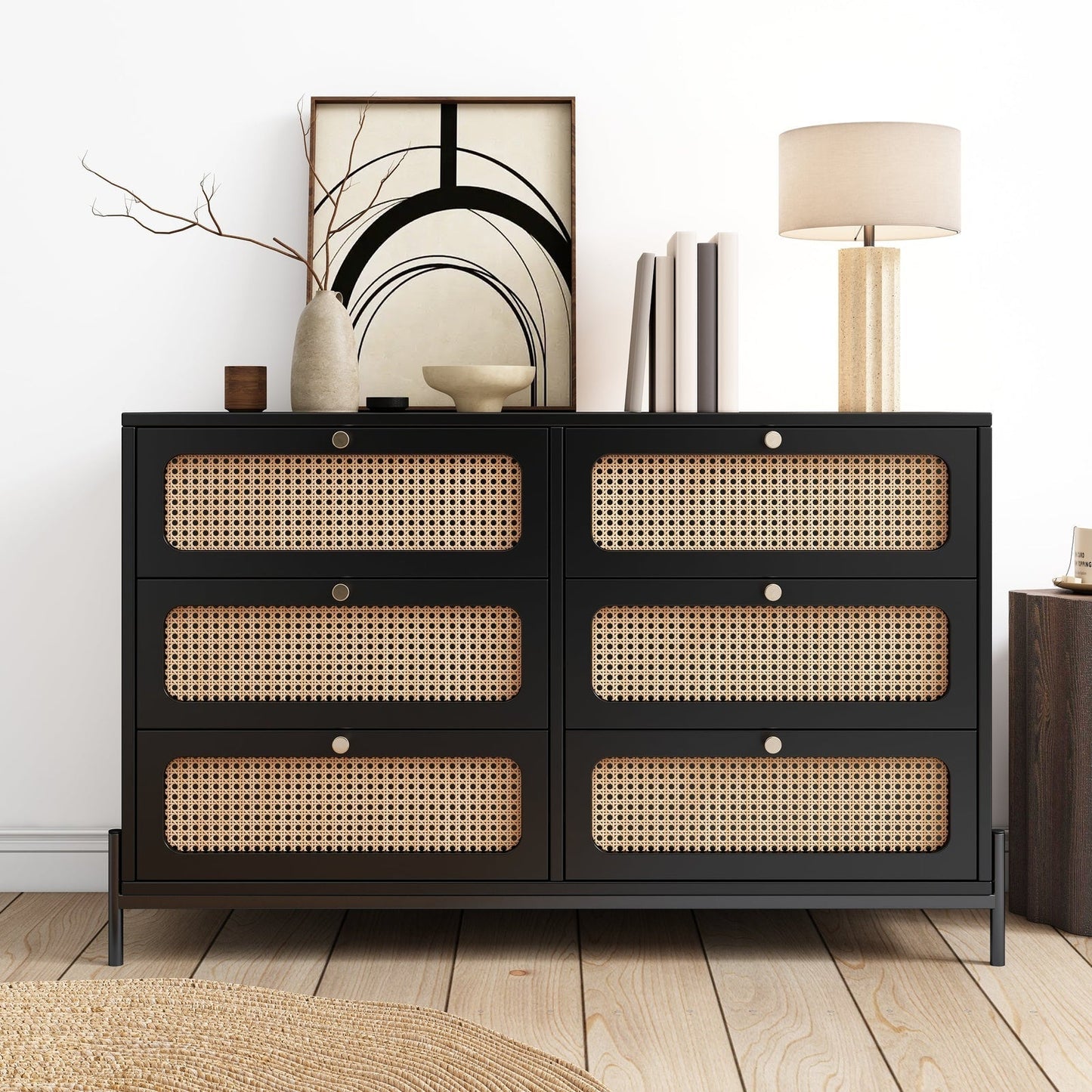Patterson Cannage Rattan Wood 6 Drawer Storage Cabinet