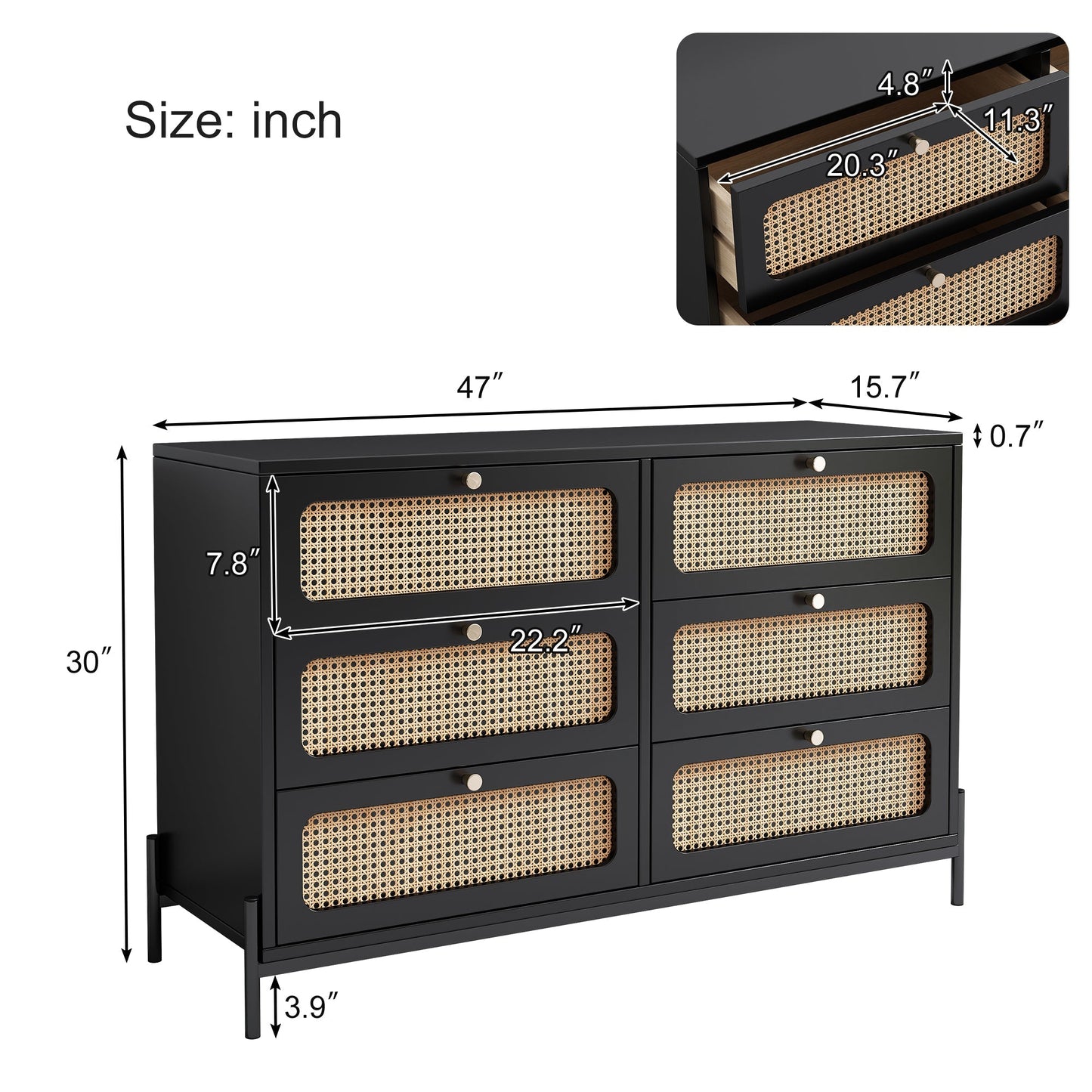 Patterson Cannage Rattan Wood 6 Drawer Storage Cabinet