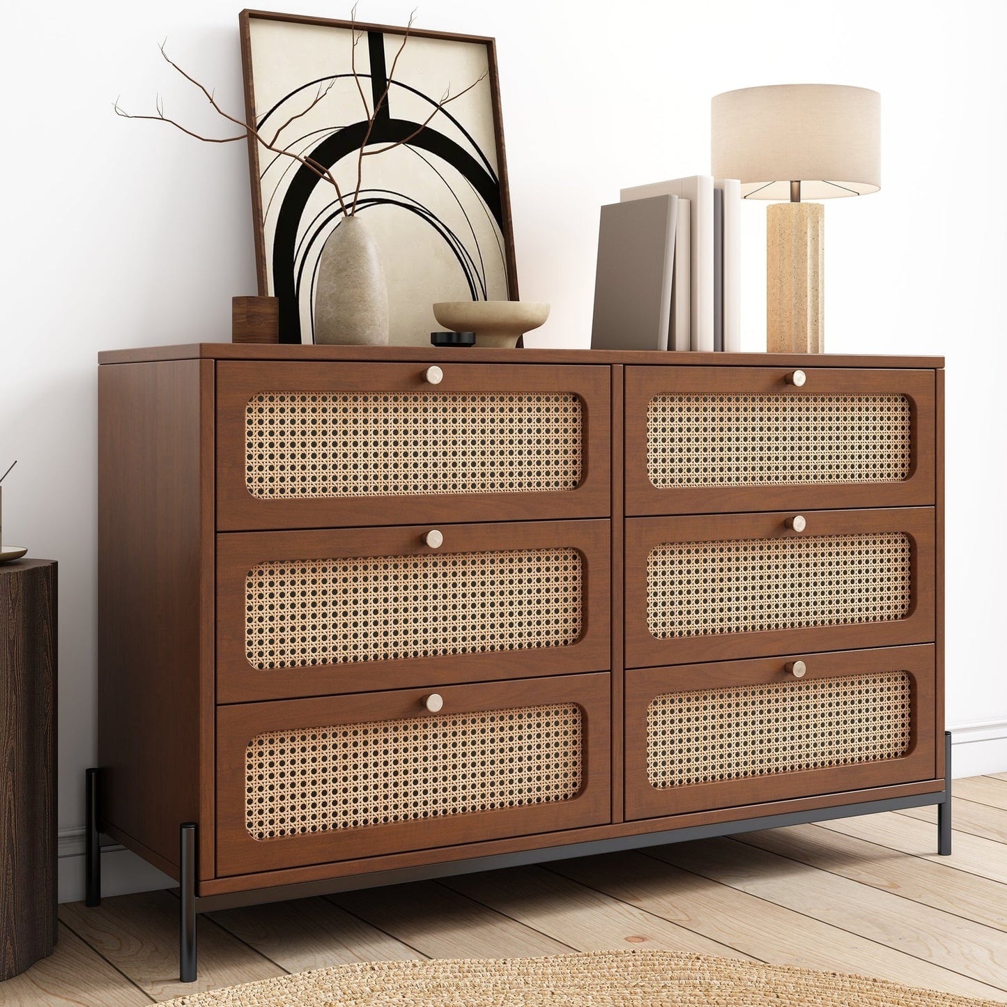 Patterson Cannage Rattan Wood 6 Drawer Storage Cabinet