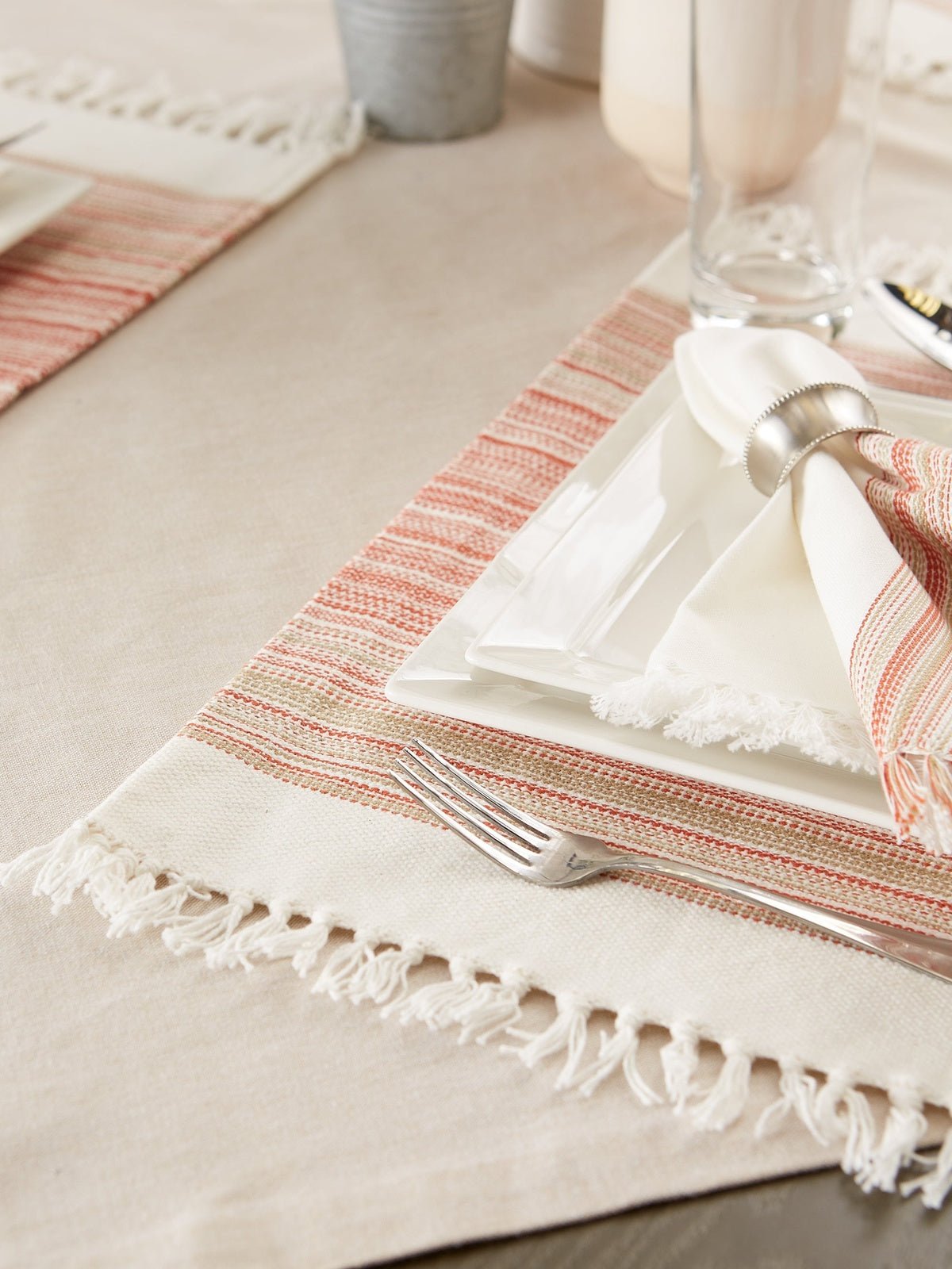 Pimento Striped Fringed Placemats, Set Of 6