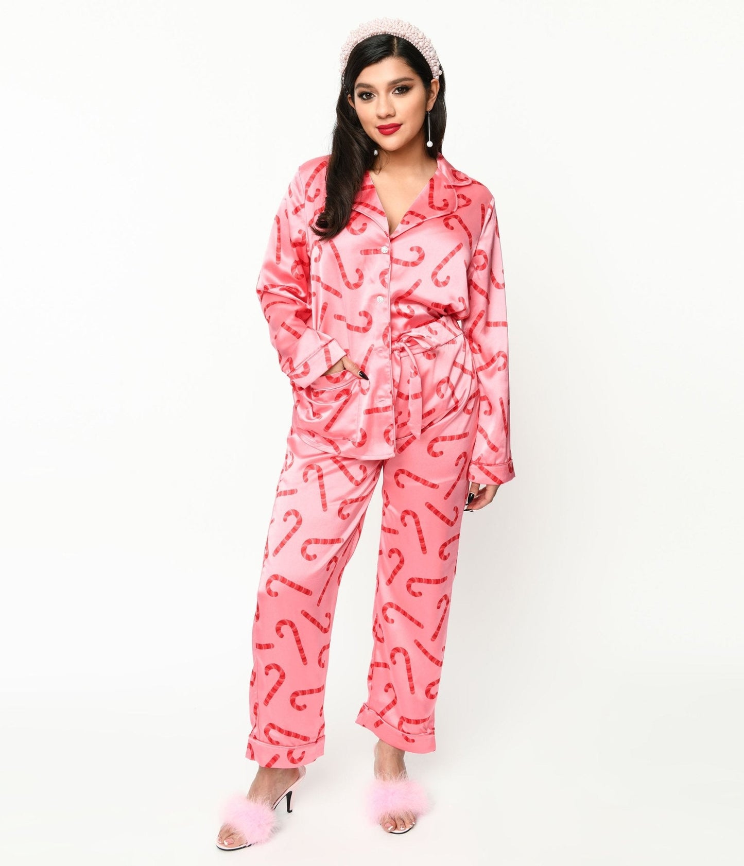 Pink Candy Cane Satin Pajama Set