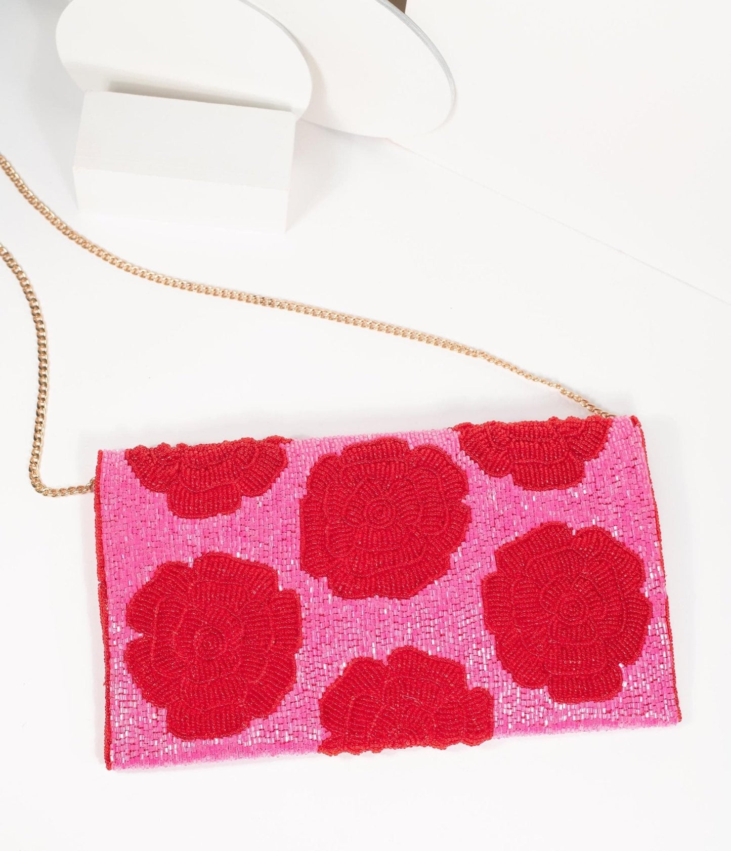 Pink & Red Floral Rose Beaded Envelope Clutch