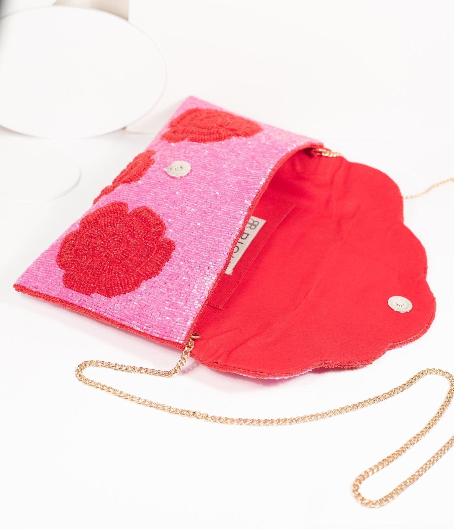 Pink & Red Floral Rose Beaded Envelope Clutch