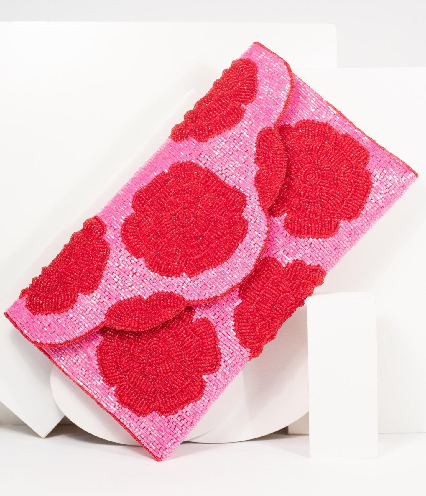 Pink & Red Floral Rose Beaded Envelope Clutch
