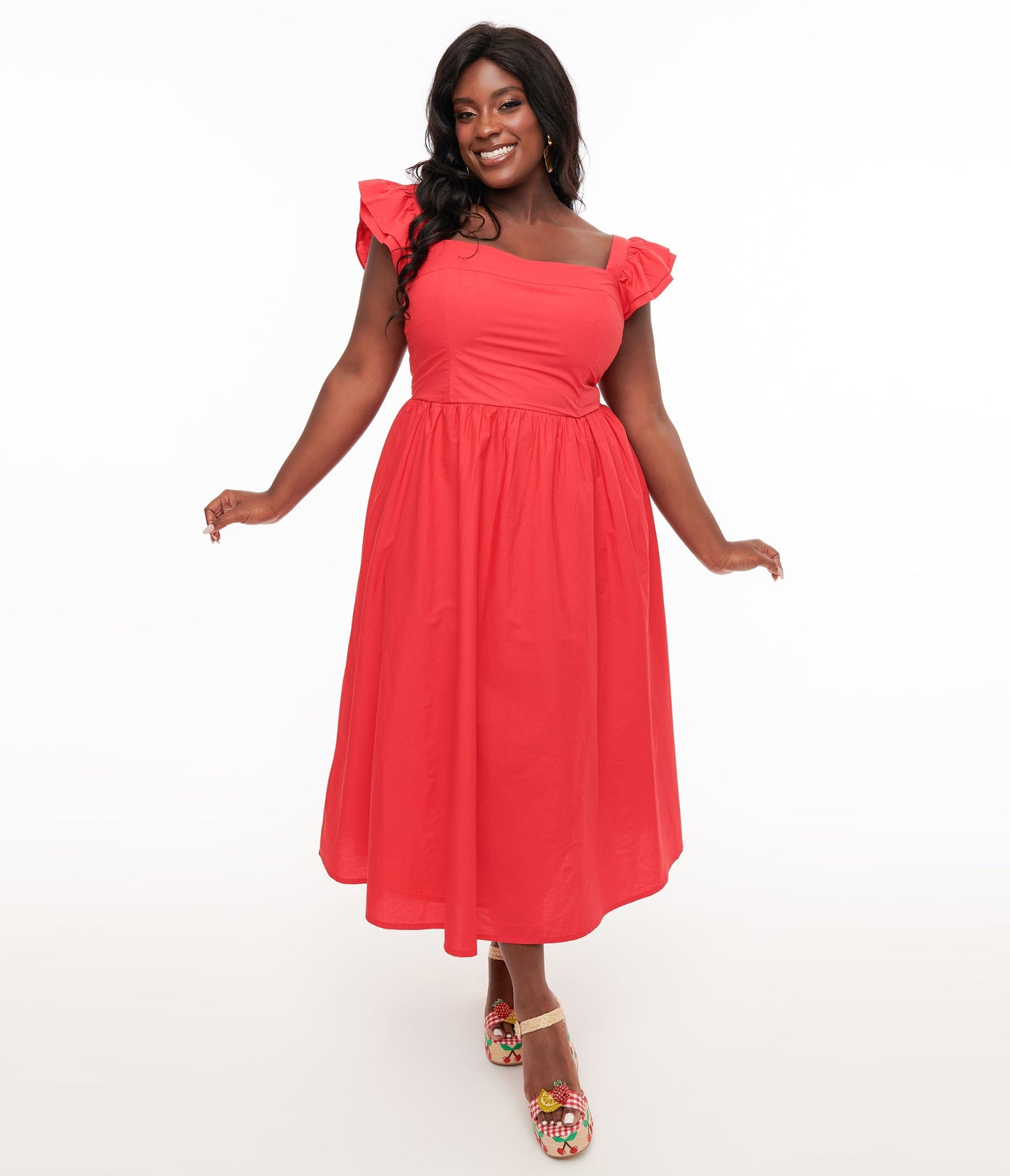 Plus Size 1930s Red Flutter Sleeve Poplin Midi Dress