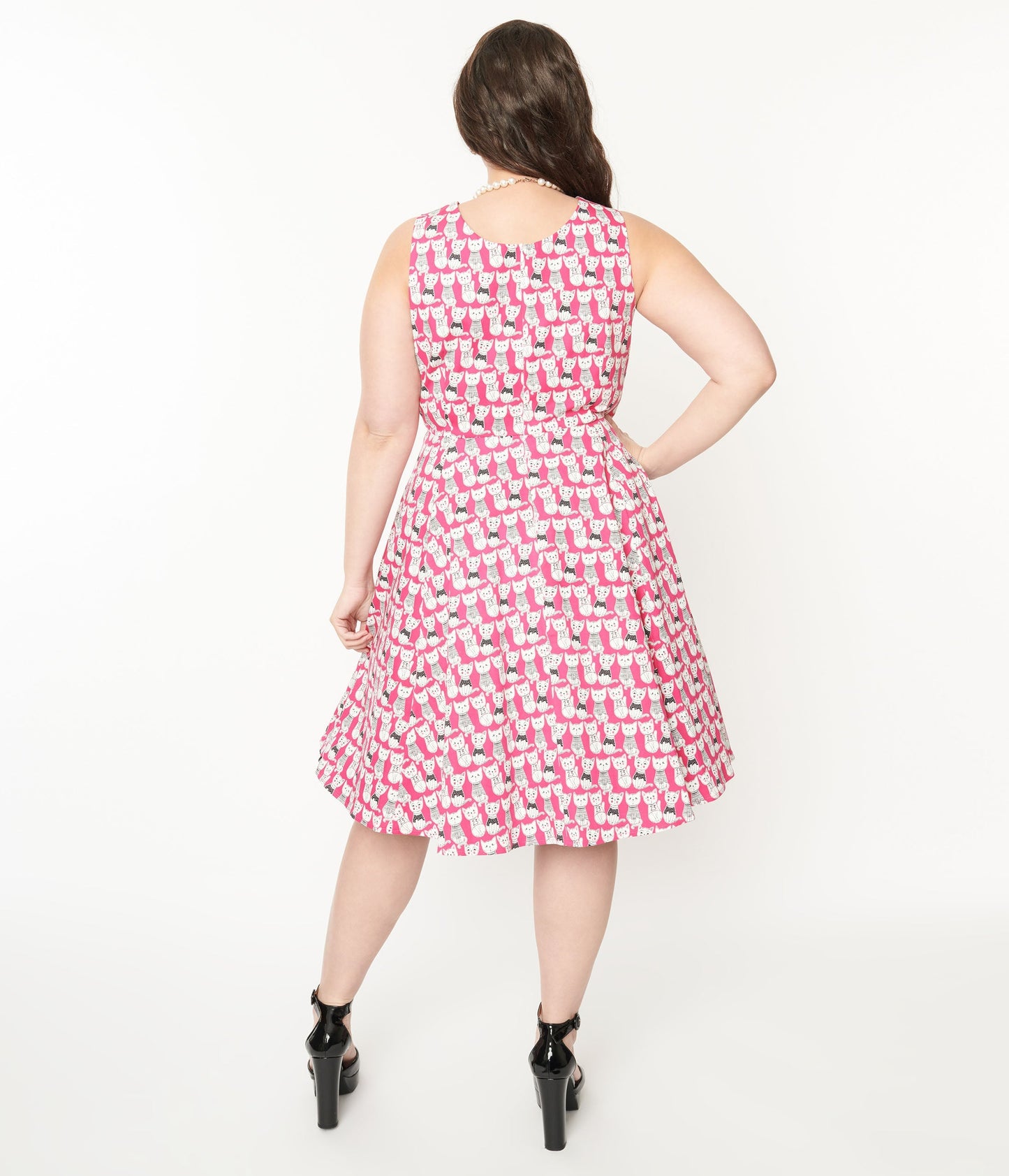 Plus Size 1950s Style Hot Pink Cat Print Sleeveless Swing Dress