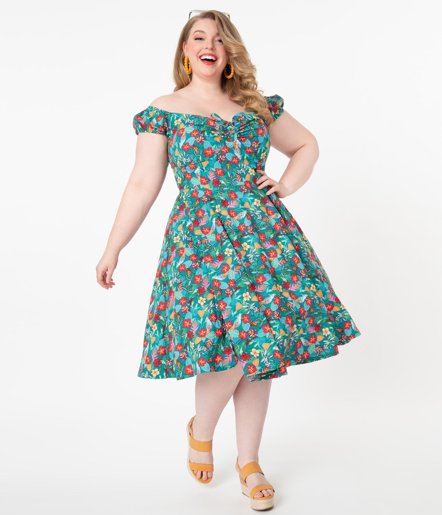Plus Size Teal & Multicolor Tropical Floral Print Preston Swing Dress